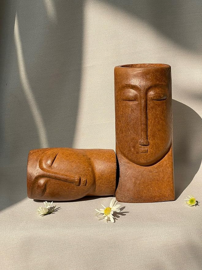 an Hana Ceramic Abstract Face Vases - Set of 2 Handmade Wabi Sabi Pottery, Unique Clay Sibling Statues for Modern Home Decor, Minimalist Shelf & Living Room Accents