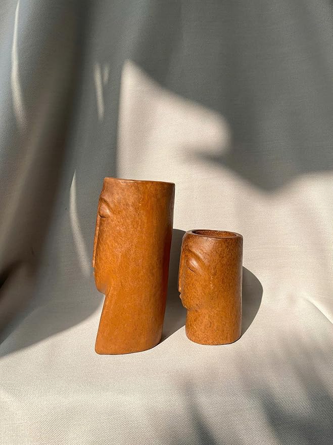 an Hana Ceramic Abstract Face Vases - Set of 2 Handmade Wabi Sabi Pottery, Unique Clay Sibling Statues for Modern Home Decor, Minimalist Shelf & Living Room Accents