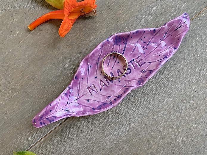Purple Namaste Leaf Ring Dish, Handmade Ceramic Jewelry Plate, Inspirational Gifts for Her and Him -Stock Photo,Please Read Description