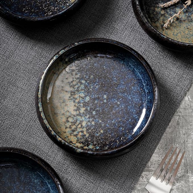 Uaral Japanese Salad Plate,Blue Plates and Bowls Set,Stoneware Plate Set,Appetizer Plates Set of 4,5.5inch,14oz(Nebula Blue)