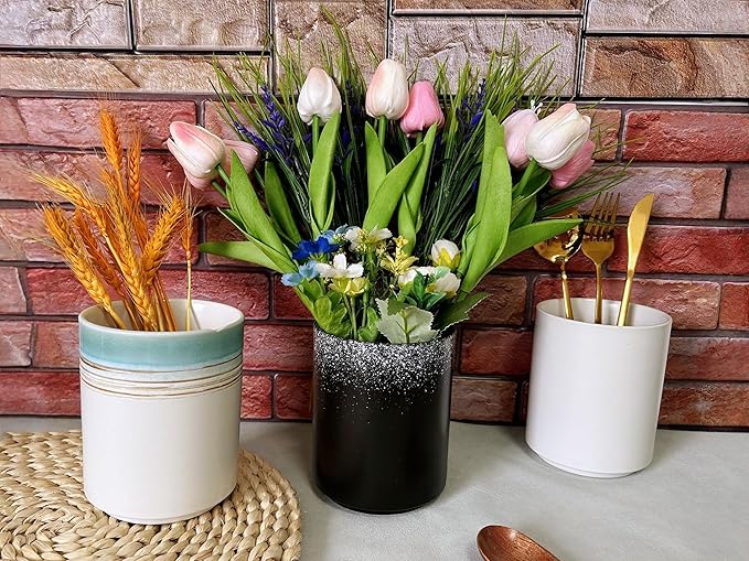 Short Kitchen Utensil Holder for Kitchen Counter, Ceramic Small Utensil Crock & Vase & Holder for Cutlery Spatula Brush Silverware Cooking Utensil Holder (Snow Night)