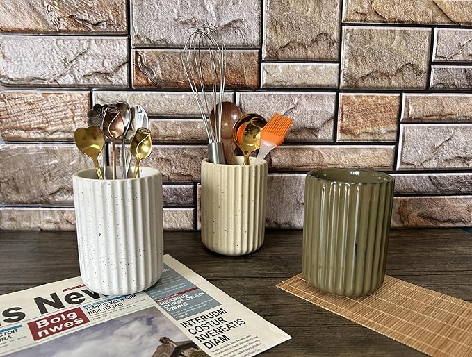 Stoneware Coffee Bar Utensil Holder Tea & Coffee Spoon & Stirrer Holder for Stir Stick Straw Teaspoon Holder Spoon Cup Small Utensil Jar Fluted Vertical Stripe (Speckled Beige)