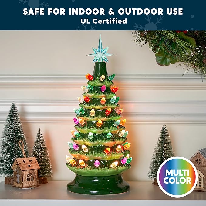 JOIEDOMI 15" Ceramic Christmas Tree, Table Top Christmas Tree with Star Topper, Vintage Pre-lit Xmas Decor with Multicolored LED Lights, Hand-Painted Xmas Decorations Indoor Home Office