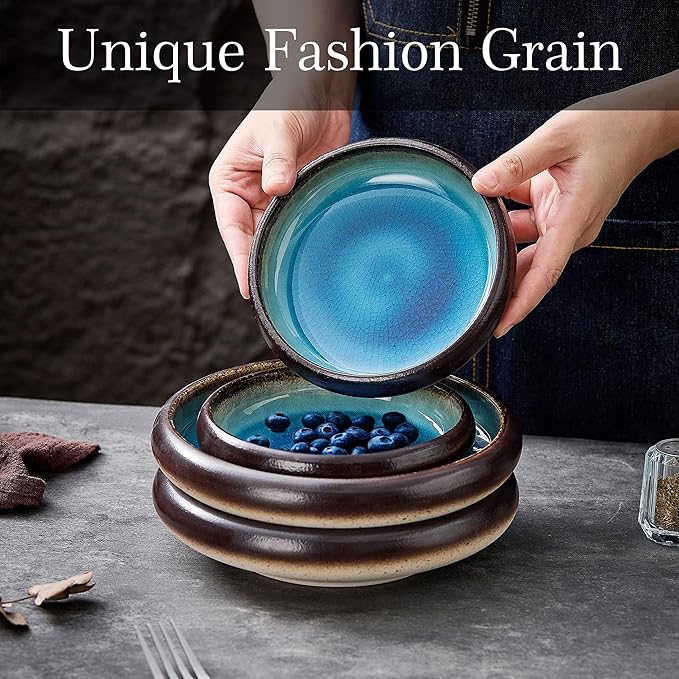 Ceramic Dessert Plates Set of 4, 6 Inch Small Appetizer Plates Set, Stoneware Mini Plate Set for 4, Handmade Round Dishes for Home Decor, Microwave,Oven,and Dishwasher Safe, Blue