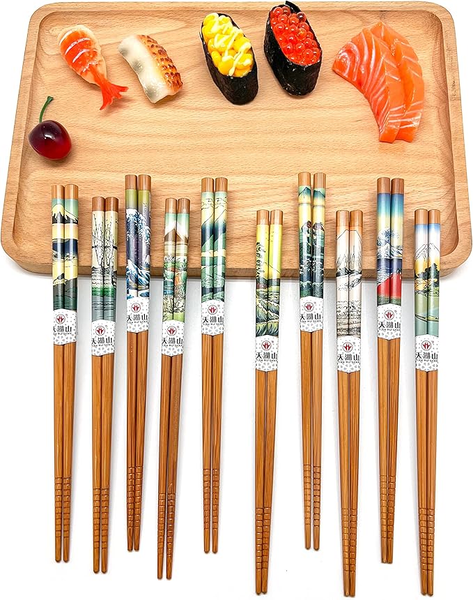 10 Pairs Reusable Bamboo Chopsticks, Edo period Landscape Pattern Natural Bamboo Wood Chopsticks, 8.8Inch/22.5cm Polybag packing by LANHUTHS
