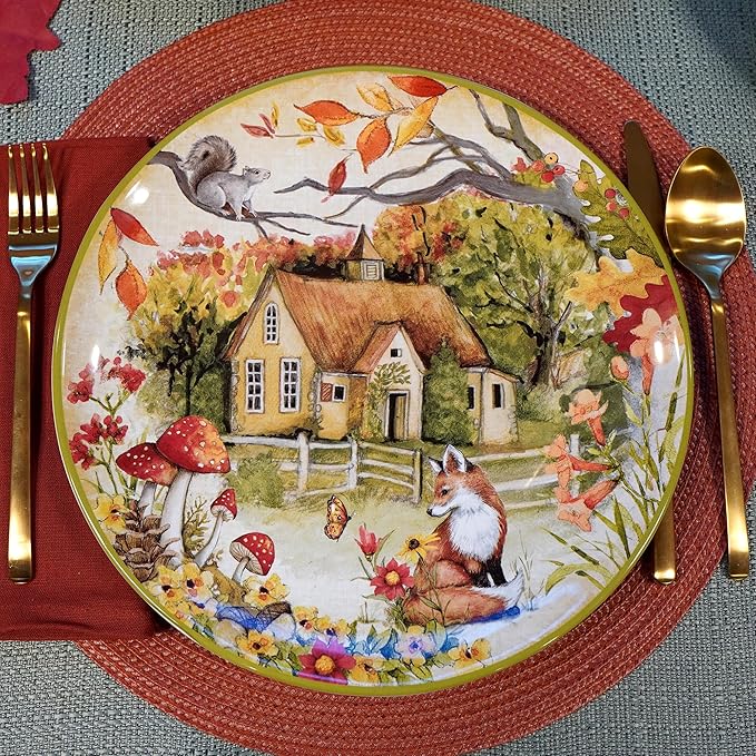 Woodland Critters 11" Ceramic Dinner Plates, Set of 4 – Whimsical Forest Animal and Cottage Scene – Nature-Inspired Tableware for Fall, Kids Parties, Holiday Meals, Gifting, and Rustic Décor