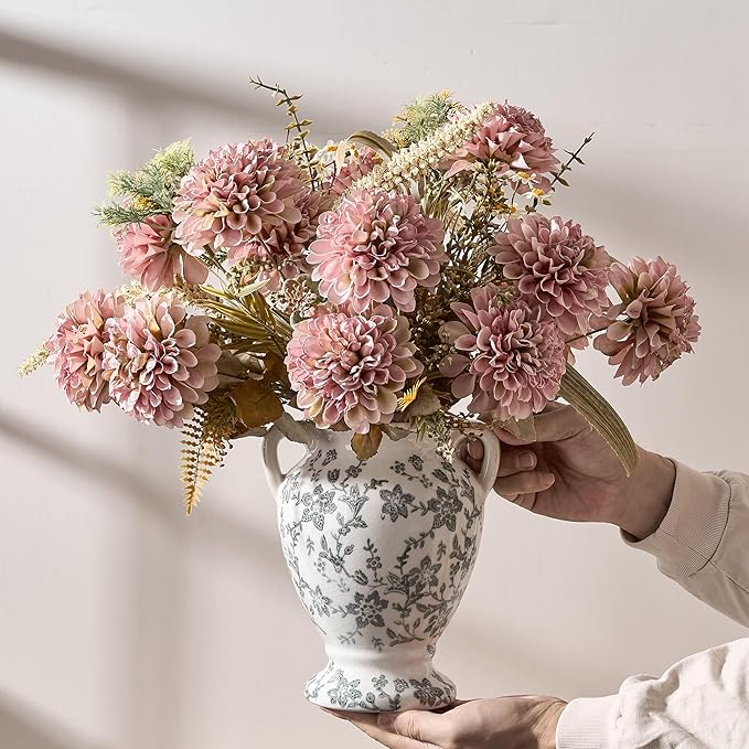 7.87 Inch Vintage Gray Chinoiserie Floral Vase, Antique Rustic Ceramic Vase for Home Decor, Living Room, Bookshelf, Office, Entryway, Garden, Chinoiserie Decor, Tuscan Decor