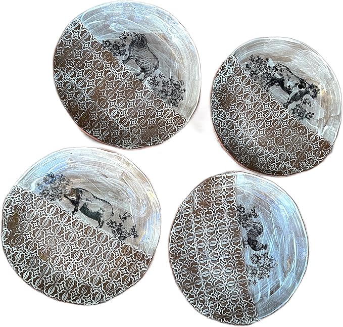 Ceramic White and Brown Animal Bowl Set of 4 for Soup, Cereal, Salad, Rice, Ramen, Noodles, Handmade Artisan Dinnerware, Gift for Women, Men, Couples on Wedding, Housewarming, Birthday and Holidays