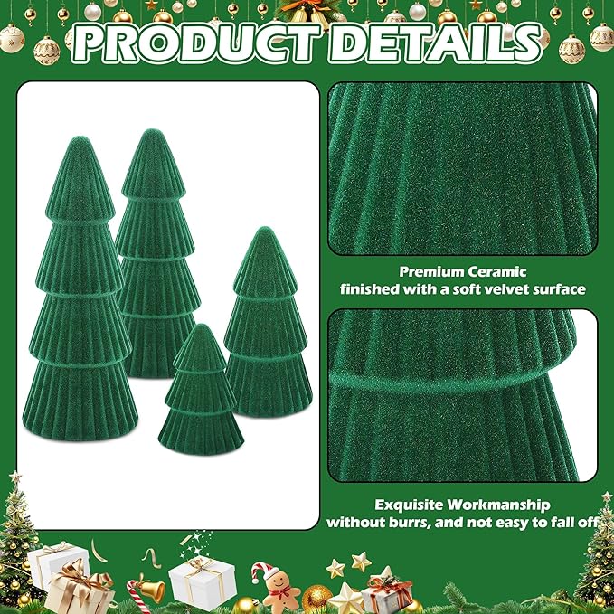 Aneco 4 Pack Velvet Ceramic Christmas Tree Christmas Indoor Decorations Modern Cone Xmas Tabletop Decor for Home Entryway Table Mantel Centerpiece Winter Holiday Party Supplies, Green