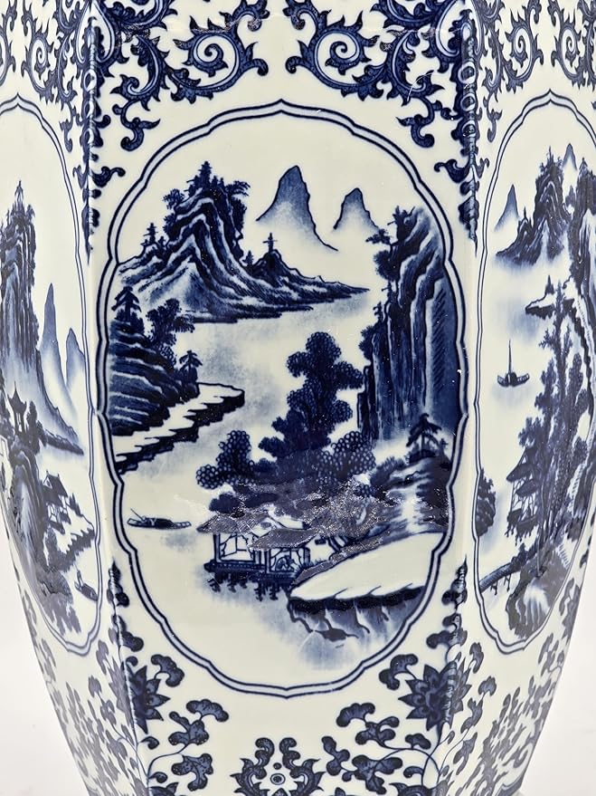 25" Classic Blue and White Hexagonal Lotus Porcelain Vase, Ceramic Vase Jingdezhen, China Qing Style （D9）