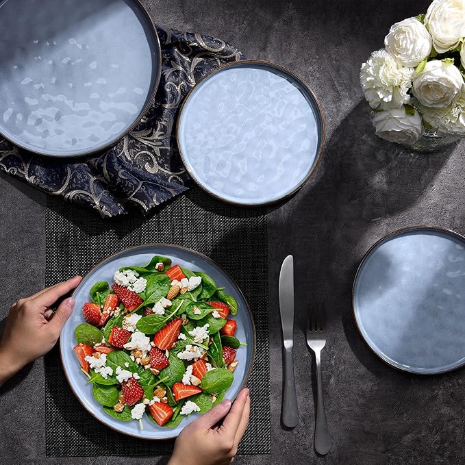 LIANYU Ceramic Dinner Plates Set for 4, 10.2In Porcelain Kitchen Salad Dessert Serving Dishes Set, Modern Round Stoneware Dinnerware Appetizer Plates, Scratch Resistant & Microwavable, Serenity Blue