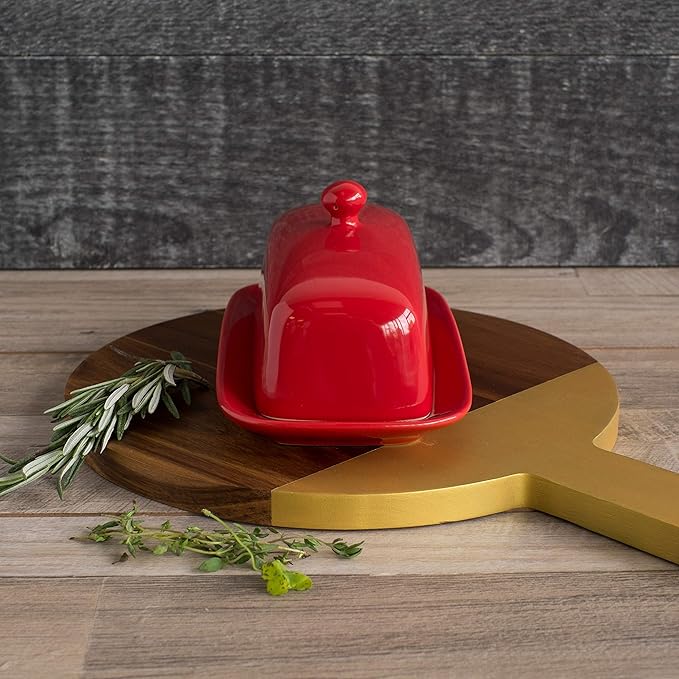 Now Designs Stoneware Rectangle Butter Dish with Lid, Red 4.5 x 8 in