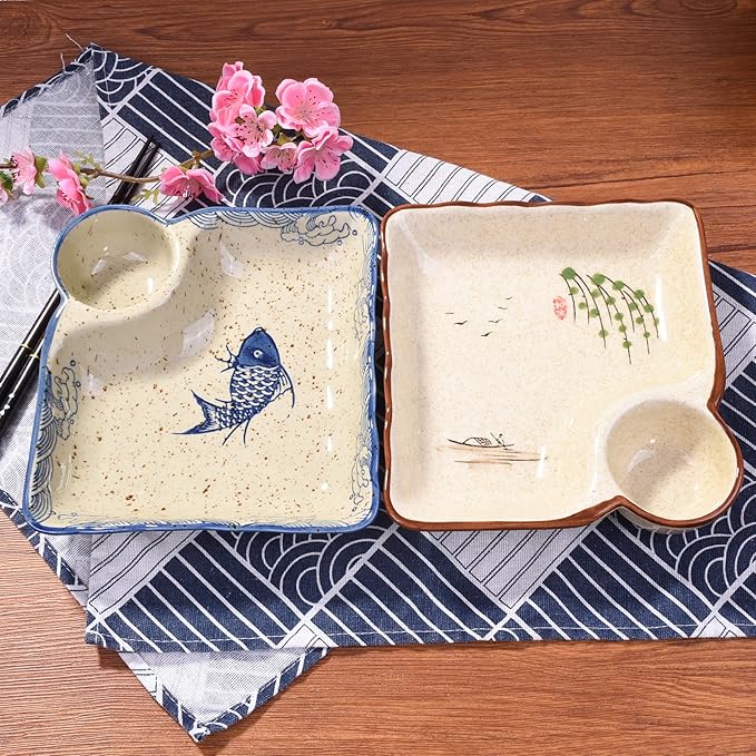 Sushi Plate Set of 2, Different Style Ceramic 7.4 Inch Dumpling Plates with Vinegar Dish Serving for Dumpling, Snack, and Other Food (japanese style yy)