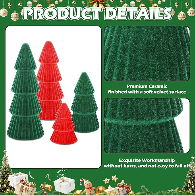 Aneco 4 Pack Velvet Ceramic Christmas Tree Christmas Indoor Decorations Modern Cone Xmas Tabletop Decor for Home Entryway Table Mantel Centerpiece Winter Holiday Party Supplies, Green, Red