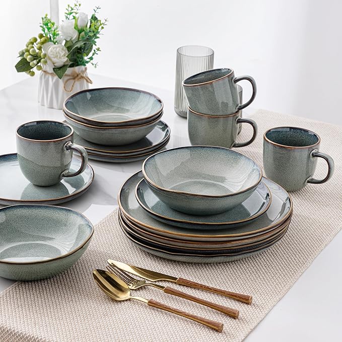 AmorArc Ceramic Dinnerware Sets,Handmade Reactive Glaze Stoneware Plates and Bowls Sets,Highly Scratch Resistant | Dishwasher & Microwave Safe Dishes Set,Service for 4 (16pc)