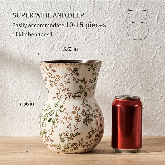 JIEMEI HOME Kitchen Utensil Holder for Countertop, 7.56" Ceramic Large Rustic Utensil Crock, Farmhouse Cooking Tool Organizer, Spatula Holder For Kitchen Decor, Green and Brown Floral