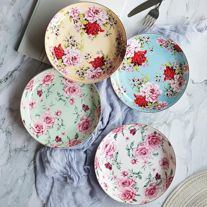 BTaT- Floral Dessert Plates Ceramic, Set of 4, 8 Inch, Assorted Colors with Golden Rim, Deep Porcelain Floral Plates Set of 4, Dishwasher Safe