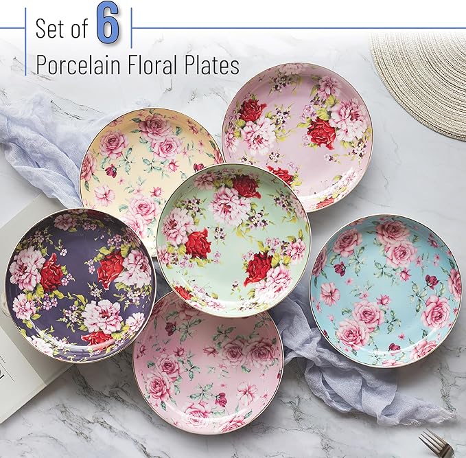 BTaT- Ceramic Floral Dessert Plates, Set of 6, 8 Inch, Assorted Colors with Golden Rim, Deep Porcelain Floral Plates with Gift Box, Dishwasher Safe