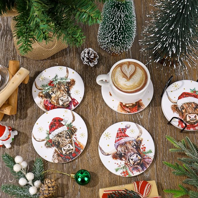 Whaline 6 Pcs Christmas Coasters Cup Mat with Metal Holder Watercolor Highland Cow Snowflake Ceramic Drink Coasters for Xmas Winter Holiday Animal Party Home Table Decor