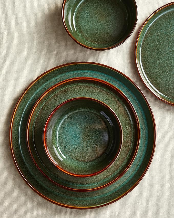 Plates and Bowls Sets for 6, Ceramic Dinnerware Sets, Kitchen Dish Set, Microwave & Dishwasher Safe Dishware, Highly Durable Reactive Glazed Dinner Set, Brown Green