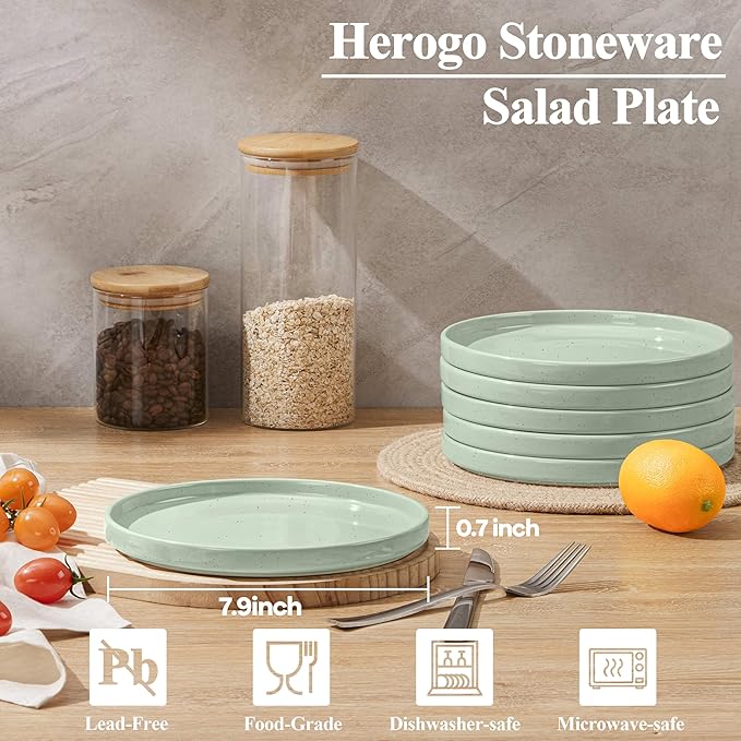 Herogo 6 Piece 7.9 Inch Dinner Plates Set, Small Salad Dessert Plate Set, Microwave Safe Stoneware Dinnerware for Serving, Oven & Dishwasher Safe, Speckled Light Green