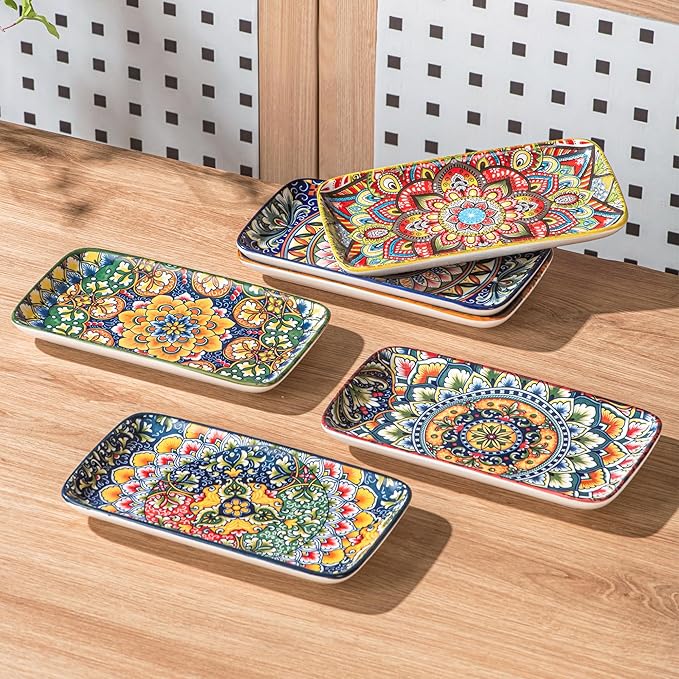 Henten Home Ceramic 10 Inch Salad Plates, Porcelain Rectangular Dessert Plate Set of 6, Bohemian Serving Dishes for Sushi, Pasta, Appetizer, Microwave & Dishwasher Safe