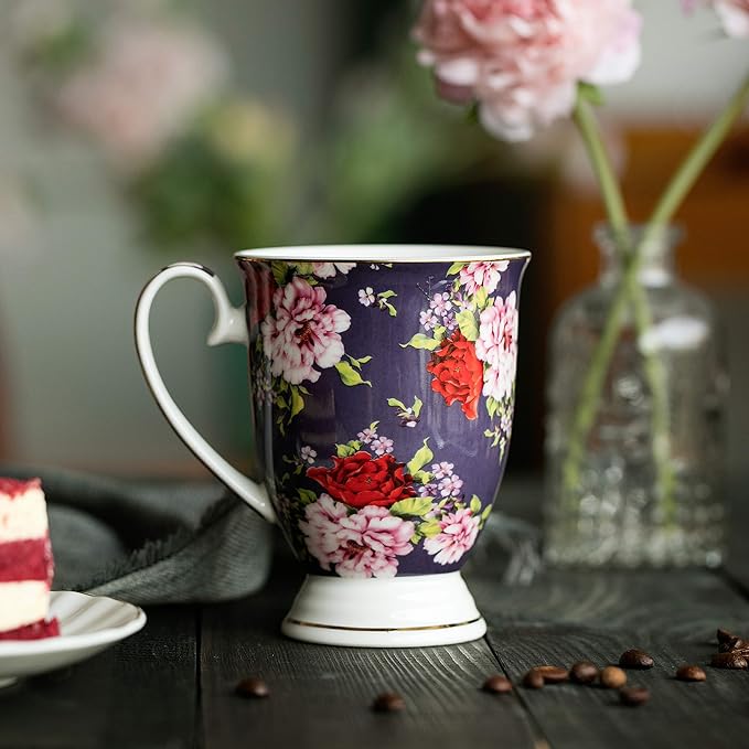 BTaT- Coffee Mugs, 12 oz, Set of 6, Floral Mugs, Porcelain Bone China, Coffee Cups