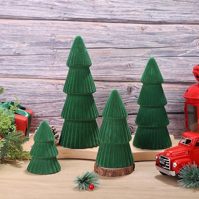 Aneco 4 Pack Velvet Ceramic Christmas Tree Christmas Indoor Decorations Modern Cone Xmas Tabletop Decor for Home Entryway Table Mantel Centerpiece Winter Holiday Party Supplies, Green
