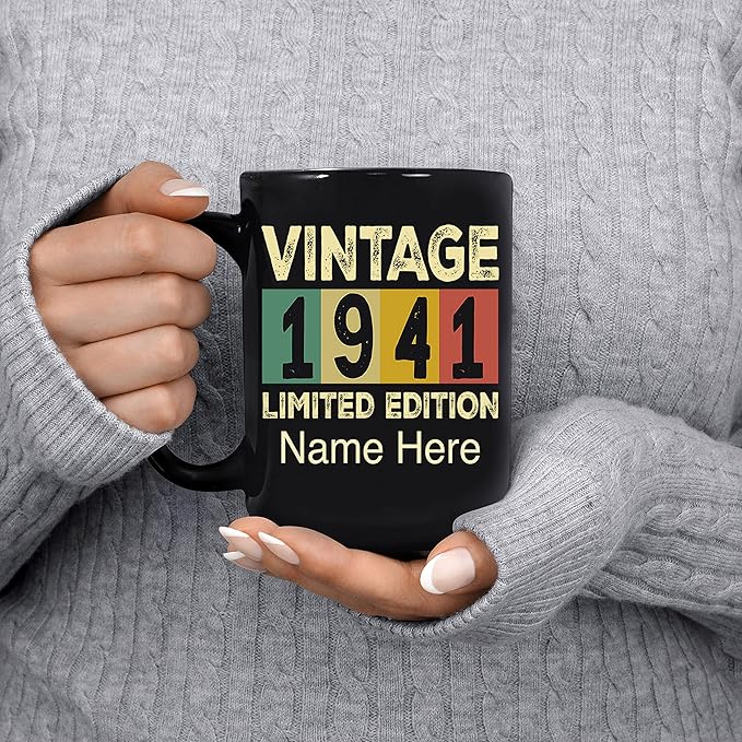 PREZZY Vintage 1941 Limited Edition 82nd Birthday Decorations Personalized Gifts for Women Men Mothers Day Fathers Day Gift 82 Year Old Birthday Mug Customized Name Ceramic Black Tea Cup 11oz 15oz