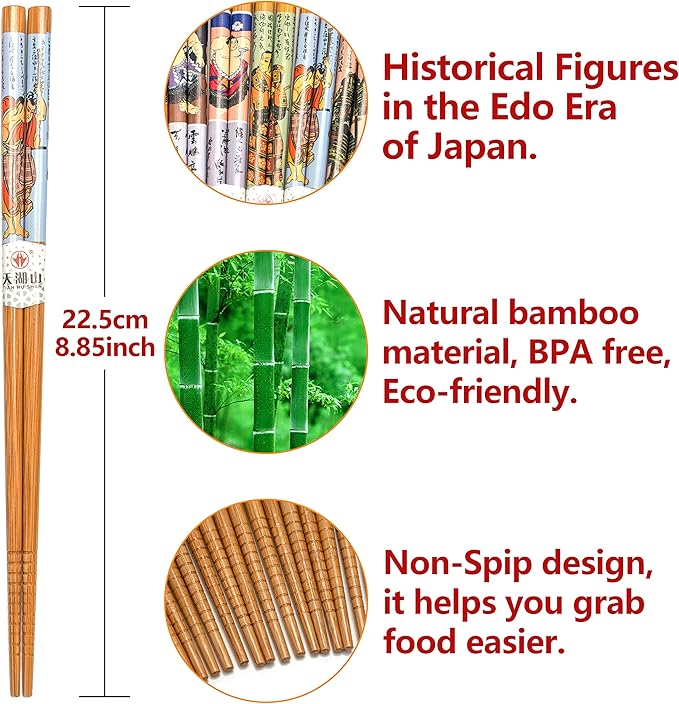 10 Pairs Reusable Bamboo Chopsticks, Samurai&Semo Pattern Natural Bamboo Wood Chopsticks, 8.8Inch/22.5cm Polybag packing by LANHUTHS