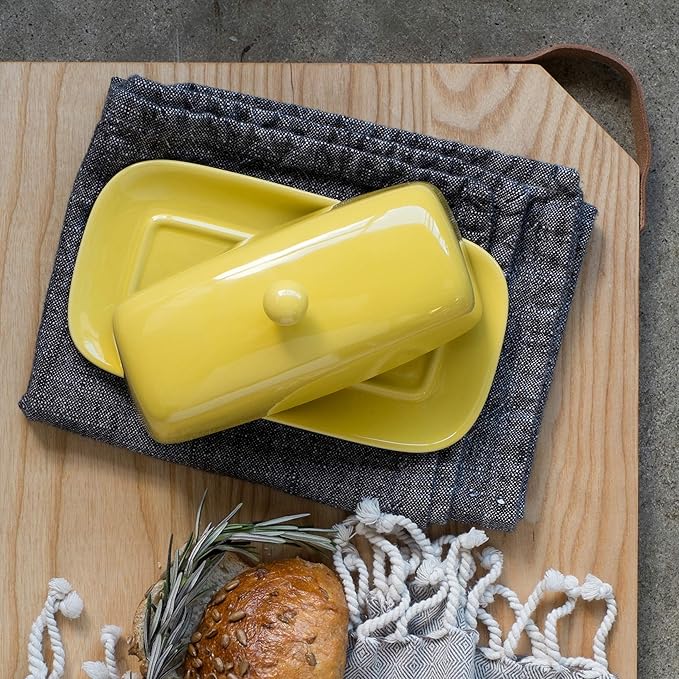 Now Designs Stoneware Rectangle Butter Dish with Lid, Lemon Yellow 4.5 x 8 in