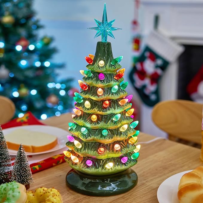 JOIEDOMI 15" Ceramic Christmas Tree, Table Top Christmas Tree with Star Topper, Vintage Pre-lit Xmas Decor with Multicolored LED Lights, Hand-Painted Xmas Decorations Indoor Home Office