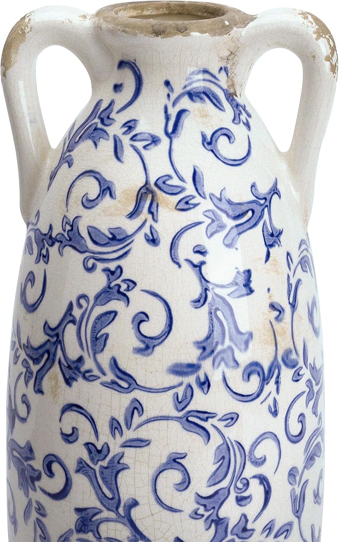 VICTOR & TERESA Blue and White Floor Vase for Pampas Grass, 11'' Tall Vase for Home Decor, Ceramic Farmhouse Decorative Large Vases for Flower, Mantel, Living Room, Shelf, Centerpieces, Gift for Mom