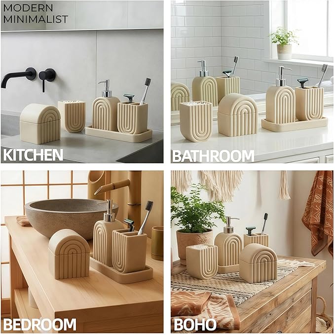 Bathroom Accessory Set, 5 Pcs Bathroom Essentials Sets Accessories, Soap Dispenser Set, Toothbrush Holder, Vanity Tray, Tumbler, Cotton Swab Jars, Bathroom Organizer for Modern Bathrooms(Beige)