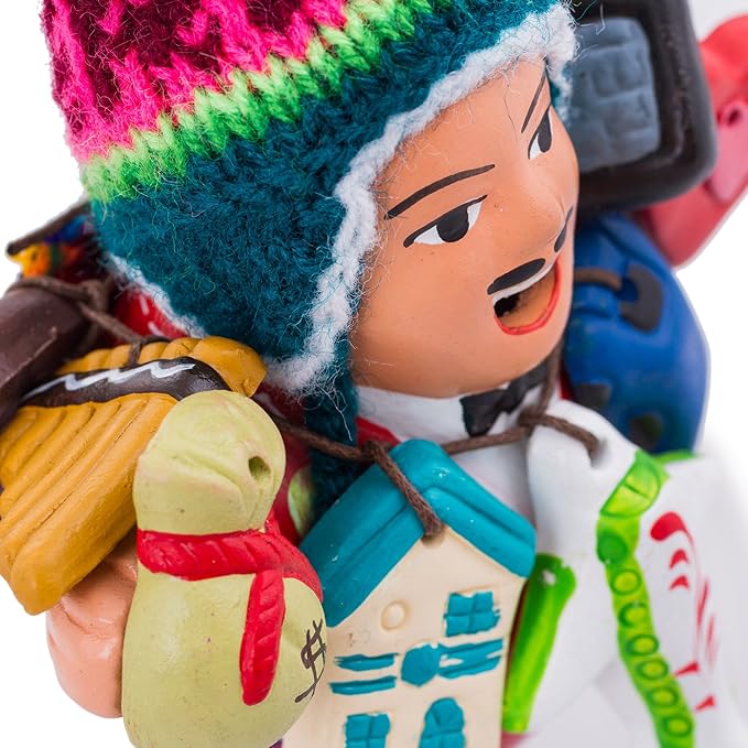 NOVICA Artisan Handmade Ceramic Figurine Ekeko Sculpture with Wool Cap from Peru Red People Portraits Floral [6in H x 4.3in W x 2.8in D] ' Ekeko of Abundance in Red'
