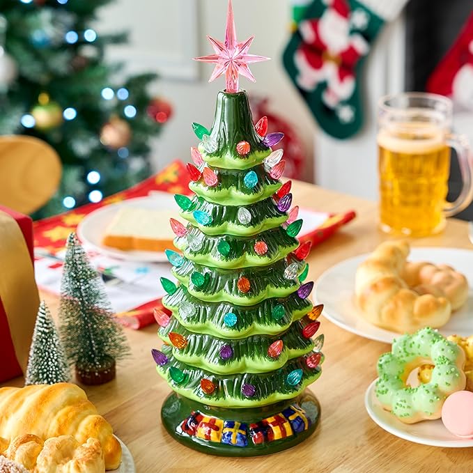 Joiedomi 15" Tabletop Prelit Ceramic Christmas Tree with 70 Multicolor Lights, Hand-Painted Ceramic Tabletop Christmas Tree with Extra Clear Top Star for Xmas Holiday Indoor Decorations