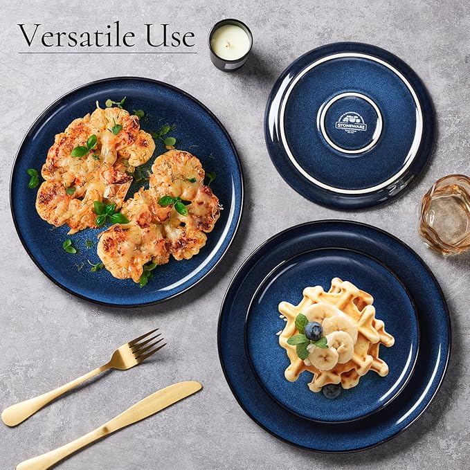 E-far 8” Ceramic Salad Plates Set of 6, Reactive Glaze Stoneware Dishes, Round Dessert Plate for Home Kitchen Restaurant, Microwave & Dishwasher Safe – Deep Sea Blue
