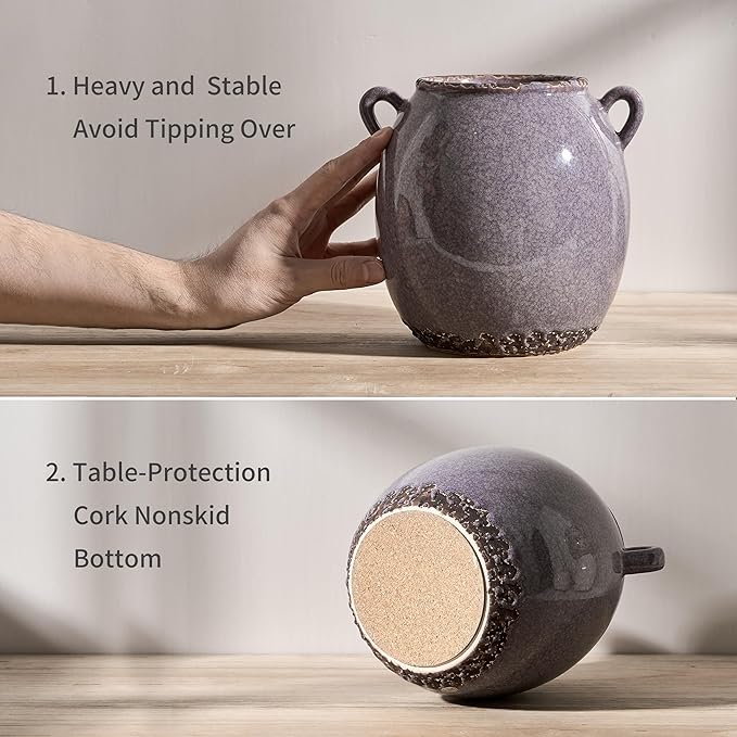 JIEMEI HOME Kitchen Utensil Holder with Handle, 6.69" Ceramic Farmhouse Stable Utensil Crock for Countertop, Cooking Tool Organizer with Cork Bottom, Spatula Holder For Kitchen Decor, Purple