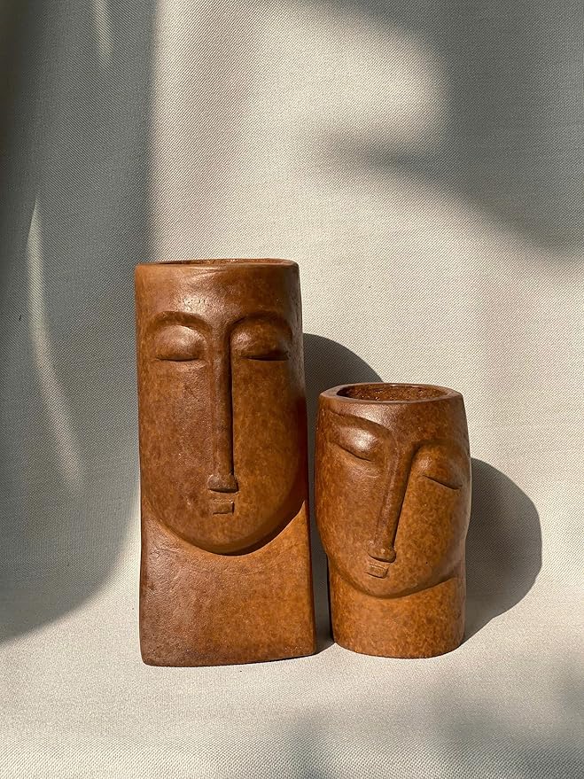 an Hana Ceramic Abstract Face Vases - Set of 2 Handmade Wabi Sabi Pottery, Unique Clay Sibling Statues for Modern Home Decor, Minimalist Shelf & Living Room Accents