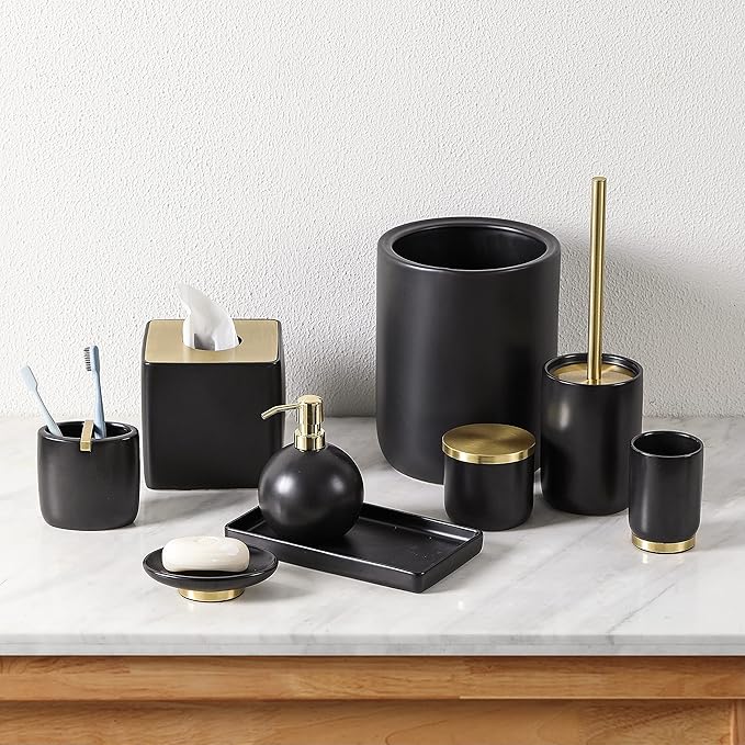 Bathroom Accessories Set, 5-Piece Ceramic Bath Accessory Complete Set with Lotion Dispenser/Soap Pump, Cotton Jar, Vanity Tray, Tumbler and Toothbrush Holder (Black and Gold)