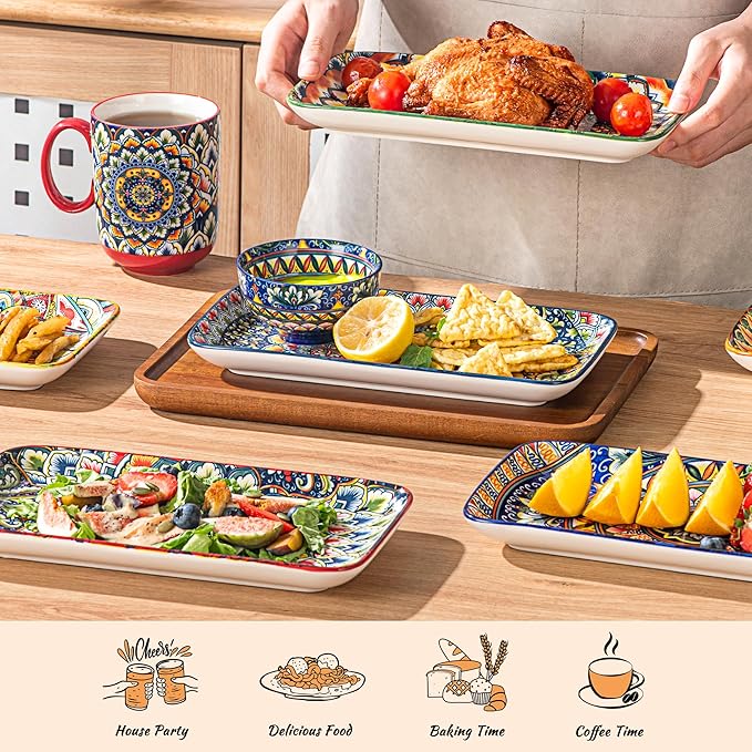 Henten Home Ceramic 10 Inch Salad Plates, Porcelain Rectangular Dessert Plate Set of 6, Bohemian Serving Dishes for Sushi, Pasta, Appetizer, Microwave & Dishwasher Safe
