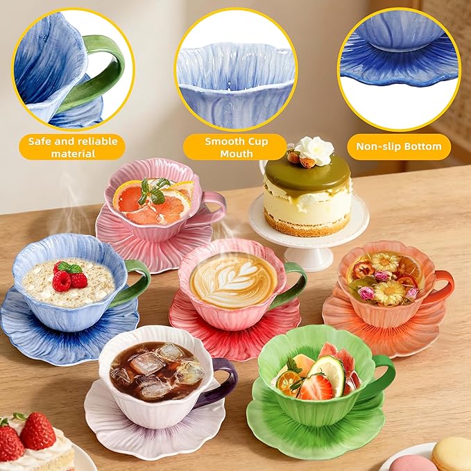 JUSONEY 10 oz Tea Cups and Saucers, Ceramic Flower-shaped Cappuccino Cup, Latte Cup and Saucer set, elegant floral Espresso Cup set, cups are microwave and dishwasher safe-Orange