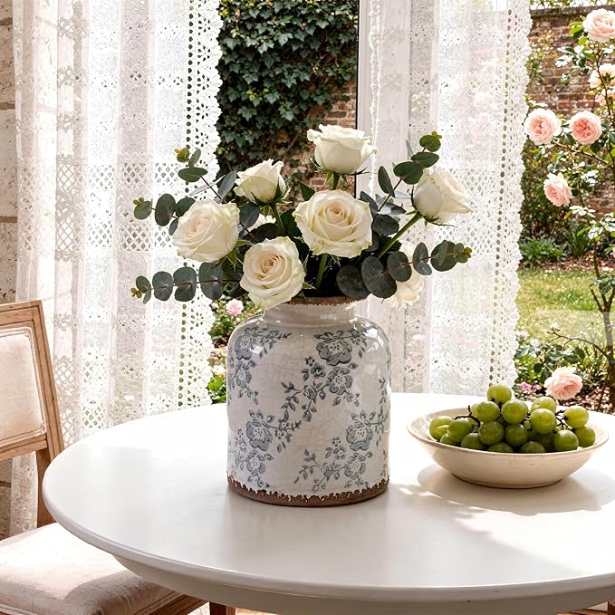 Blue Camellia Chinoiserie Vase, 6.2” Crackled White Ceramic Vase with Antique Distressed Edges, Hand-Painted Vintage Floral Vase for Home Decor, Farmhouse Table Centerpiece (Blue, 6.2")