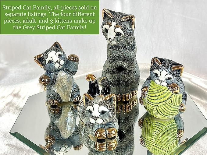 De Rosa Handmade Sculpted Ceramic Gray Striped Kitten w/Yarn Ball Family Collection
