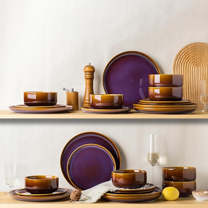 TheTerra Ceramic Dinnerware Sets for 4, 12 Pieces Handmade Reactive Glaze Plates and Bowls Set, Scratch Resistant Dish Set, Oven & Microwave & Dishwasher Safe, Amber Amethyst