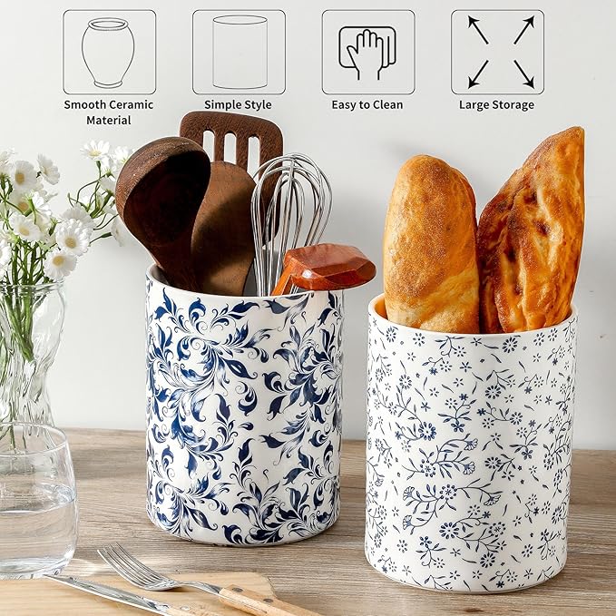 Kitchen Utensil Holder, Large Utensil Organizer for Countertop, Ceramic Cooking utensil Crocks for Spoon Rest Spatula, Apartment Essentials Farmhouse Decor (7.2in×6.2in