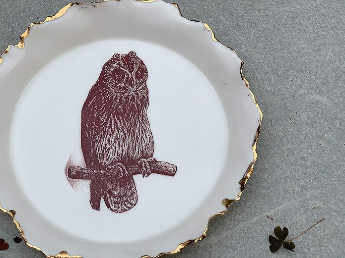 Handmade Jewelry Bowl with Brown Owl and Gold Rim, Ceramic Ring Dish, Home Décor, Office Desk Organizer