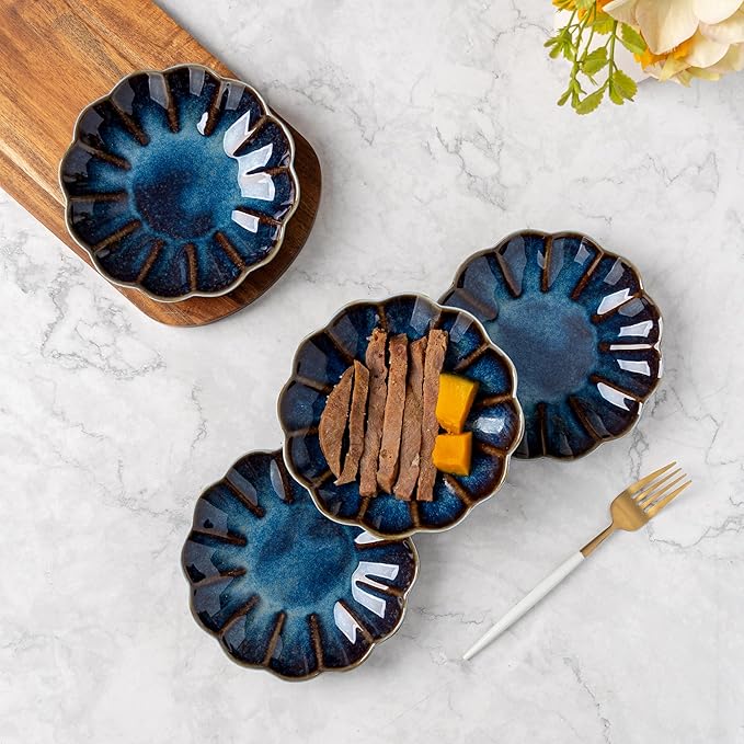 Small Dessert Plates Set of 4,Ceramic Dinner Plates 5.7 Inch for Appetizer, Fruits, Cake, Salad,Microwave Safe,Christmas Gift,Flambe Blue