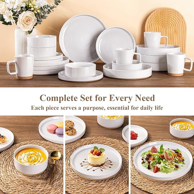 AmorArc Ceramic Dinnerware Set for 4 | Speckled Stoneware Plates and Bowls with unglazed terracotta | Scratch Resistant, Dishwasher & Microwave Safe Dishes Sets- 12-Pcs Milk White