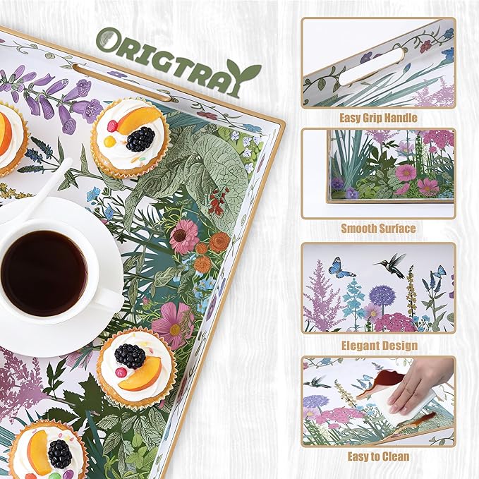 Serving Tray with Handles, Rectangular Plastic Tray 15.75x11.81 Inch, Wildflower, Butterflies & Hummingbirds Style Decorative Tray for Kitchen, Dining Table, Vanity, Office & Home